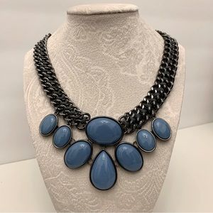 Blue Cabochon Bib Style Gun Metal Gray Double Chain Necklace